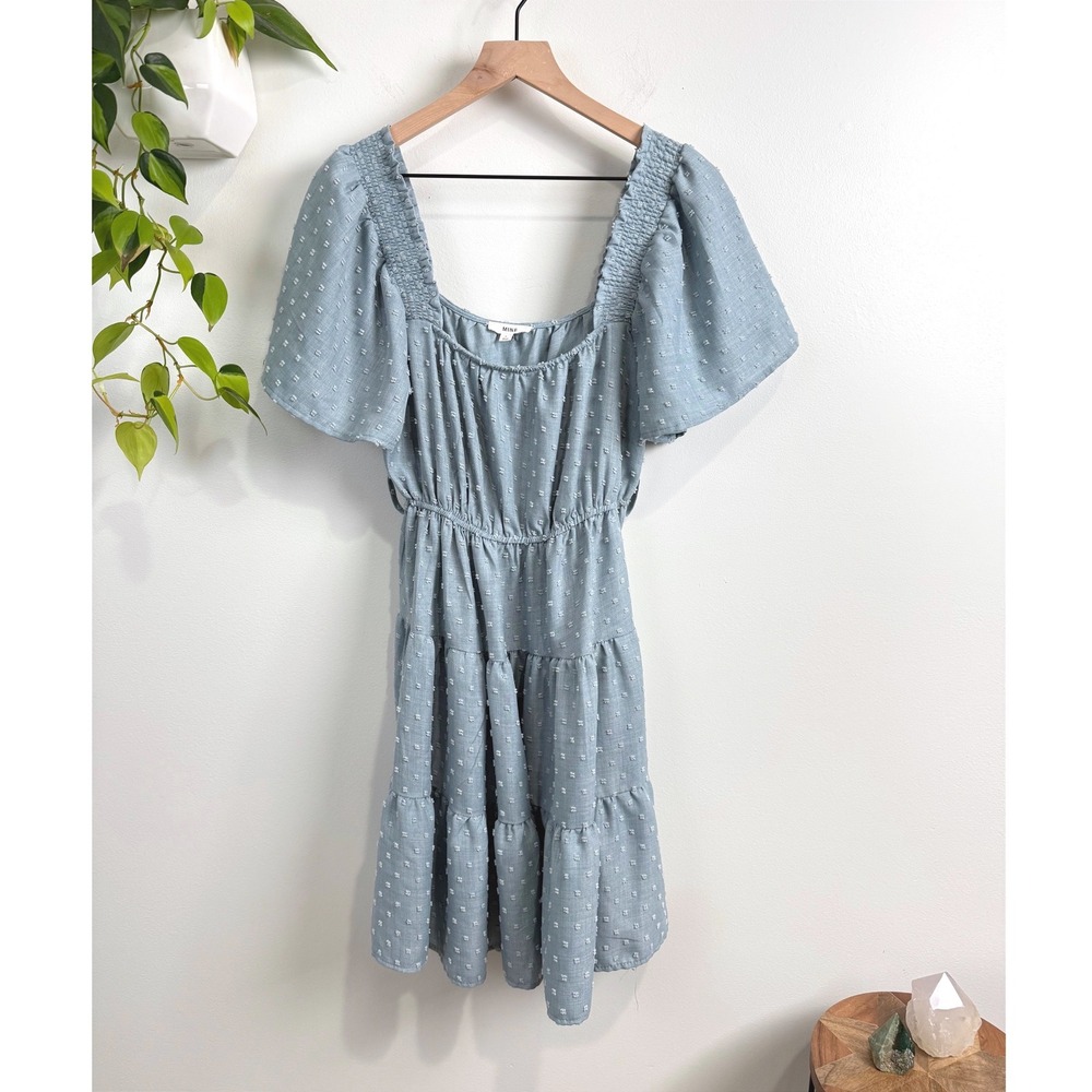 Mine Light Blue Swiss Dot Tiered Mini Dress Smocked Flutter Sleeve L Cottagecore